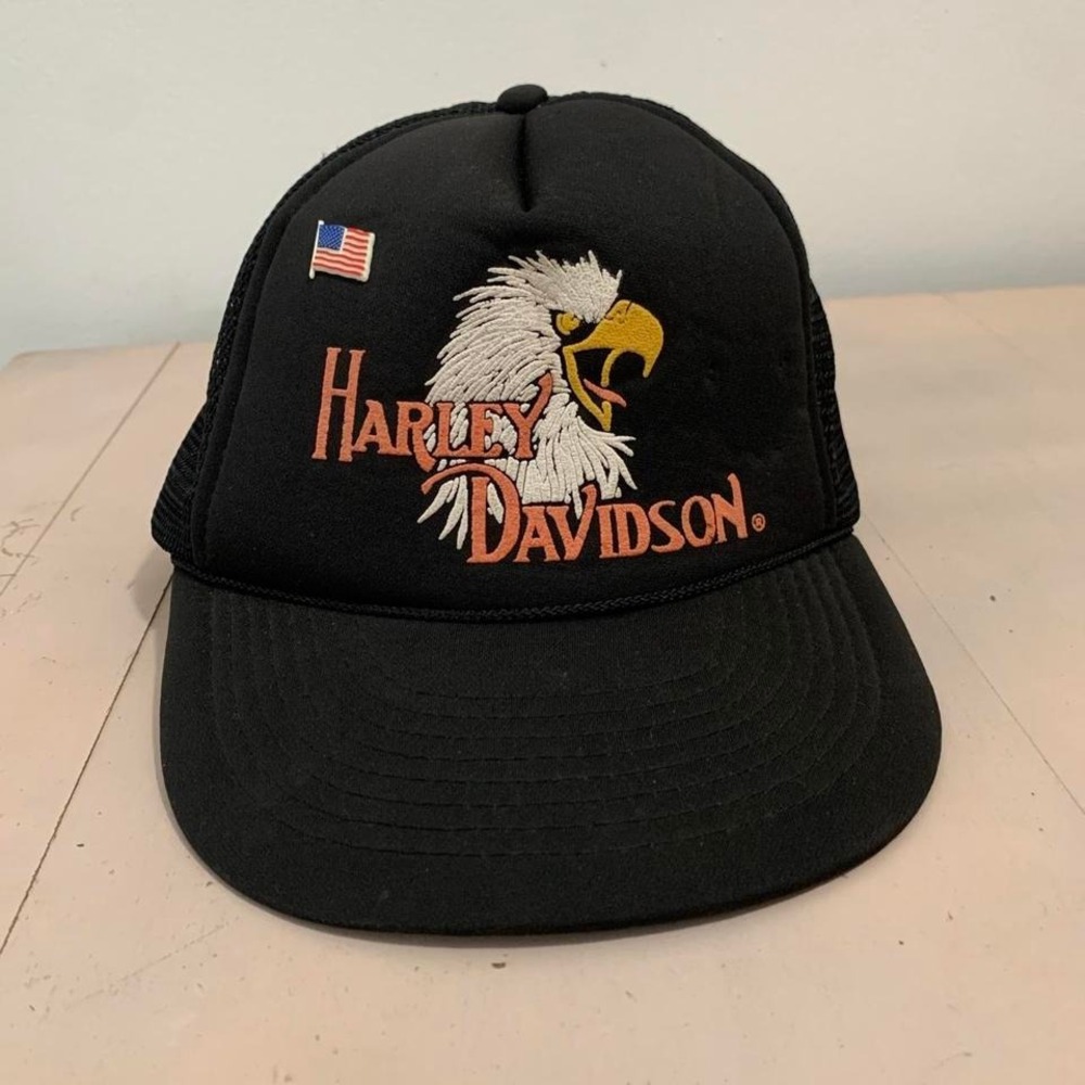 Vintage‎ 1980's Harley Davidson Screaming Eagle classic black trucker hat & pin